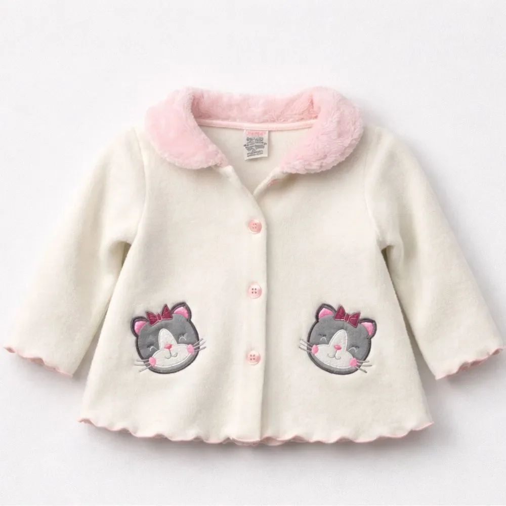 Gymboree white and pink fleece cat appliqué jacket size 6-9 months
